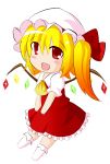  1girl blonde_hair blush_stickers bow chibi fang female flandre_scarlet hat_ribbon mob_cap open_mouth red_dress red_eyes simple_background solo touhou white_legwear wings 
