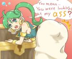  1girl arabian_clothes asha_(monster_world) ass bent_over bracelet breasts earrings english female gradient gradient_background green_eyes green_hair jewelry kamiomutsu looking_at_viewer looking_back monster_world monster_world_iv ponytail sideboob skirt solo speech_bubble treasure_chest 