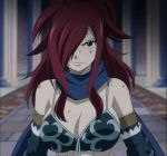  1girl bare_shoulders breasts cleavage erza_knightwalker erza_scarlet fairy_tail hair_over_one_eye redhead scarf screencap solo stitched 