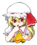  1girl ascot blonde_hair blood female flandre_scarlet hat hat_ribbon mob_cap red_eyes simple_background solo touhou upper_body white_background wings 
