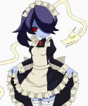  1girl apron blue_skin leviathan_(skullgirls) maid maid_apron misaki_naoe simple_background skullgirls squigly_(skullgirls) stitched_mouth thigh-highs zombie 