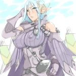  1girl blue_eyes blue_hair breasts cape elf erect_nipples female large_breasts long_hair pointy_ears simple_background solo sword thiro 