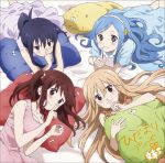  4girls :3 bed blue_eyes blue_hair breasts brown_eyes brown_hair cleavage doma_umaru ebina_nana flower hairband himouto!_umaru-chan light_brown_hair long_hair looking_at_viewer lying motoba_kirie multiple_girls official_art on_back on_bed ponytail purple_hair smile tachibana_sylphynford twintails violet_eyes wavy_hair 