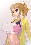  1girl breasts brown_hair collarbone erect_nipples female gradient gradient_background gundam gundam_build_fighters gundam_build_fighters_try hoshino_fumina jacket kotoyoshi_yumisuke large_breasts long_sleeves looking_at_viewer navel open_mouth ponytail solo sports_bra upper_body 