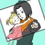  android_17 black_hair blonde_hair closed_eyes dragon_ball dragonball_z family marron pointing simple_background smile twintails uncle_and_niece 
