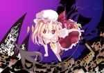  1girl ascot blonde_hair bow female flandre_scarlet gradient gradient_background hat hat_ribbon laevateinn looking_at_viewer mob_cap red_eyes red_skirt running side_ponytail skirt solo touhou wings 