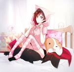  1girl animal_ears book grey_eyes hooded kuma_(bloodycolor) looking_at_viewer open_mouth redhead ruby_rose rwby short_hair solo striped_legwear stuffed_toy thigh-highs 