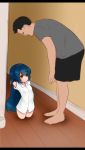  1boy 1girl amputee arms_up black_hair blue_hair blush breasts brown_eyes dress_shirt faceless faceless_male floor height_difference indoors mikeysukairain no_pants quadruple_amputee shirt short_hair small_breasts very_long_hair waving_arms white_shirt 