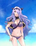  1girl adapted_costume beach bikini breasts camilla_(fire_emblem_if) cleavage curly_hair female fire_emblem fire_emblem_if gradient gradient_background large_breasts long_hair looking_at_viewer navel open_mouth purple_hair solo standing swimsuit tiara 