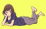  1girl bangs barefoot brown_eyes brown_hair feet female hosoo lying monochrome on_stomach original simple_background solo yellow_background 
