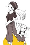  2girls age_difference ass bulma child color_splash dragon_ball dragonball_z jewelry long_hair looking_at_viewer monochrome multiple_girls necklace pants short_hair siblings simple_background sisters smile sock_hat tights_(dragonball) toy_gun twintails 