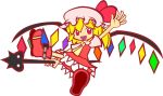  1girl blonde_hair bow female flandre_scarlet hat laevateinn mob_cap red_eyes red_shoes side_ponytail simple_background solo touhou white_background wings 