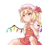  1girl blonde_hair blush box collar crystal dress female flandre_scarlet frills gift gift_box hat heart-shaped_box holding mob_cap myonde navel puffy_short_sleeves puffy_sleeves red_dress red_eyes short_hair short_sleeves simple_background smile solo touhou valentine white_background wings 