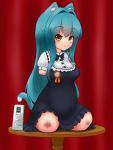  1girl amputee animal_ears animal_tail blue_hair blush bow brown_eyes cat_ears cat_tail dress looking_at_viewer mikeysukairain quadruple_amputee ribbon sitting solo table tail very_long_hair 