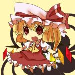  1girl ascot blonde_hair chibi fang female flandre_scarlet hat_ribbon lowres mob_cap open_mouth red_eyes simple_background solo touhou wings 