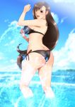  1girl ass bare_shoulders bikini black_bikini blush breasts brown_eyes brown_hair butt_crack curvy cute earrings female final_fantasy final_fantasy_vii from_behind gradient gradient_background highres huge_ass jewelry large_breasts legs long_hair looking_back ocean open_mouth shiny shiny_ass sideboob sky solo splash splashing square_enix standing summer swimsuit thighs tifa_lockhart very_long_hair water yadokari_genpachirou 