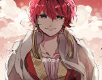  1girl akatsuki_no_yona cloak clouds dress earrings gradient gradient_background jewelry redhead short_hair sky smile solo violet_eyes yona_(akatsuki_no_yona) 