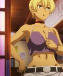  1girl bare_shoulders belt blonde_hair breasts choker cleavage curvy female green_eyes large_breasts midriff mito_ikumi navel open_mouth screencap shokugeki_no_souma short_hair solo standing stitched wide_hips 