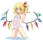 1girl female flandre_scarlet name_tag one-piece_swimsuit school_swimsuit simple_background solo swimsuit tagme touhou wet white_school_swimsuit white_swimsuit wings 