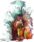  1girl a_song_of_ice_and_fire boots crossover game_of_thrones gradient gradient_background green_eyes iesupa long_hair ponytail pyrrha_nikos redhead rwby shield simple_background solo throne weapon 