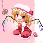 1girl ascot blonde_hair character_name fang female flandre_scarlet gradient gradient_background hat hat_ribbon laevateinn mob_cap open_mouth red_eyes red_shoes solo touhou wings 
