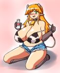  1girl animal_ears bell bikini_top blush boots bottle breasts brown_gloves collar cow_ears cow_girl cow_horns cow_print cow_tail denim elbow_gloves female gloves gradient gradient_background green_eyes horns huge_breasts jeans kneeling milk miranda_(paulgq) navel open_mouth orange_hair original panties pants paulgq shorts smile solo tail underwear white_panties wink 