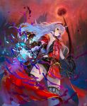  1girl armband arnas_(yoru_no_nai_kuni) belt breasts cityscape gloves goggles gradient gradient_background long_hair magic moon official_art red_moon red_sky sideboob sky solo sword thigh-highs thighs tower white_hair yellow_eyes yoru_no_nai_kuni 