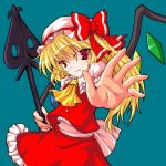  1girl blonde_hair bow fang female flandre_scarlet hand hat laevateinn mob_cap red_eyes red_skirt red_vest side_ponytail simple_background skirt solo touhou vest wings 