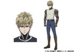  1boy black_sclera blonde_hair boots concept_art cyborg earrings genos jewelry official_art one-punch_man serious simple_background spiky_hair yellow_eyes 