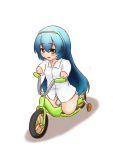  1girl amputee bicycle blue_hair blush brown_eyes dress_shirt hairband mikeysukairain open_mouth panties quadruple_amputee shadow shirt simple_background solo striped striped_panties training_wheels underwear white_background white_shirt 