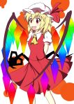  1girl ascot blonde_hair fang female flandre_scarlet hat laevateinn mob_cap open_mouth red_eyes red_skirt simple_background skirt solo touhou wings 