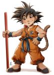  1boy alien black_eyes black_hair child dewnoir dragon_ball full_body hand_on_hip looking_at_viewer male_focus rocio_zucchi signature simple_background smile solo son_gokuu staff standing tail white_background 