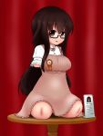  1girl amputee blush bow brown_eyes brown_hair dress glasses gradient gradient_background long_hair looking_at_viewer mikeysukairain open_mouth quadruple_amputee ribbon sitting solo table 