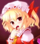  1girl blonde_hair blood female flandre_scarlet gradient gradient_background hat red_eyes solo tagme touhou 