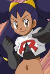 1girl dark_skin hainchu iris_(pokemon) navel nintendo pokemon simple_background solo tagme team_rocket_(cosplay) 
