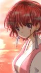  1girl akatsuki_no_yona breasts dress earrings gradient gradient_background jewelry ocean redhead short_hair solo sun violet_eyes yona_(akatsuki_no_yona) 