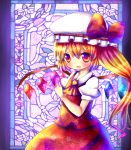  1girl ascot blonde_hair female flandre_scarlet floral_print hat mob_cap red_eyes red_skirt side_ponytail skirt solo stained_glass touhou wings 