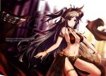  1girl arabian_clothes armlet bare_shoulders black_hair bracelet breasts brown_eyes brown_hair character_request cleavage closed_mouth dated earrings female gradient gradient_background hair_ornament jewelry large_breasts long_hair looking_at_viewer mask midriff navel necklace original pointy_ears red_eyes see-through sideboob skirt solo thigh_strap tiara two_side_up veil very_long_hair x2 
