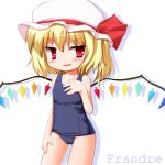  1girl engrish female flandre_scarlet hat one-piece_swimsuit ranguage simple_background solo swimsuit touhou unjou_takehiro 