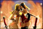  2girls angry armor ass bandanna bikini_armor blue_eyes blush bra breasts brown_eyes brown_hair cowboy_shot curvy depth_of_field detached_sleeves eye_contact female fire gloves golden_axe gradient gradient_background hand_on_hip hands_on_hips kamina1978 large_breasts leaning_forward leotard lips long_hair multiple_girls original outdoors panties sega shiny shiny_skin standing sword symmetrical_docking thigh-highs toned tyris_flare underwear weapon 