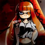  1girl blue_eyes domino_mask female frown gradient gradient_background hand_on_hip inkling mask midriff navel nintendo orange_hair solo splatoon tied_hair twintails wince 