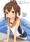  1girl brown_eyes brown_hair dated gradient gradient_background hair_ornament hard_translated highres i-401_(kantai_collection) kantai_collection looking_at_viewer muku_(muku-coffee) open_mouth ponytail school_swimsuit solo swimsuit swimsuit_under_clothes translated twitter_username wet wet_clothes 