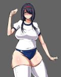  1girl artist_request black_hair blush breasts character_request copyright_request female long_hair looking_at_viewer panties plump simple_background smile solo source_request sweat tagme thick_thighs thighs underwear violet_eyes wide_hips 