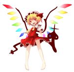  1girl blonde_hair fang female flandre_scarlet red_eyes simple_background solo touhou wings 