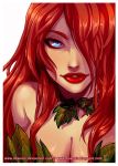  1girl batman_(series) blue_eyes breasts choker cleavage dc_comics dewnoir eyelashes hair_over_one_eye leaf lips lipstick long_hair looking_at_viewer makeup parted_lips poison_ivy portrait red_lips redhead rocio_zucchi simple_background smile solo white_background 