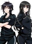  2girls black_hair black_shirt crossed_arms eye_contact isse long_hair looking_at_another multiple_girls red_eyes shirt short_hair simple_background tagme 