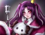  1girl bow_tie crown gradient gradient_background horns long_hair microphone pink_eyes poro_(league_of_legends) raspdere smile tagme twin_tails violet_eyes zorafi 