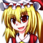 1girl ascot blonde_hair fang female flandre_scarlet gradient gradient_background hat mob_cap red_eyes solo touhou wings 