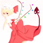  1girl blonde_hair bow female flandre_scarlet gradient gradient_background hat laevateinn mob_cap red_eyes side_ponytail solo tail touhou wings 