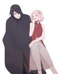  1boy 1girl black_hair boruto:_the_movie cloak facial_mark forehead_mark haruno_sakura husband_and_wife kumoko_(supermoichan) laughing naruto pink_hair simple_background uchiha_sasuke 